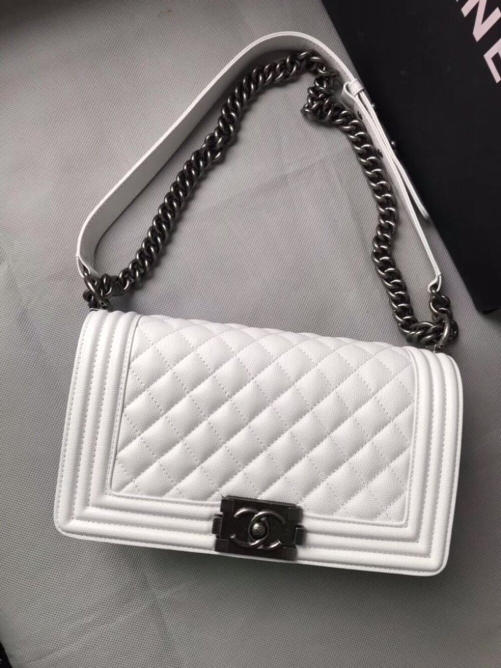 CHANEL White Quilted Leather Crossbody Boy Bag with Silver Hardware